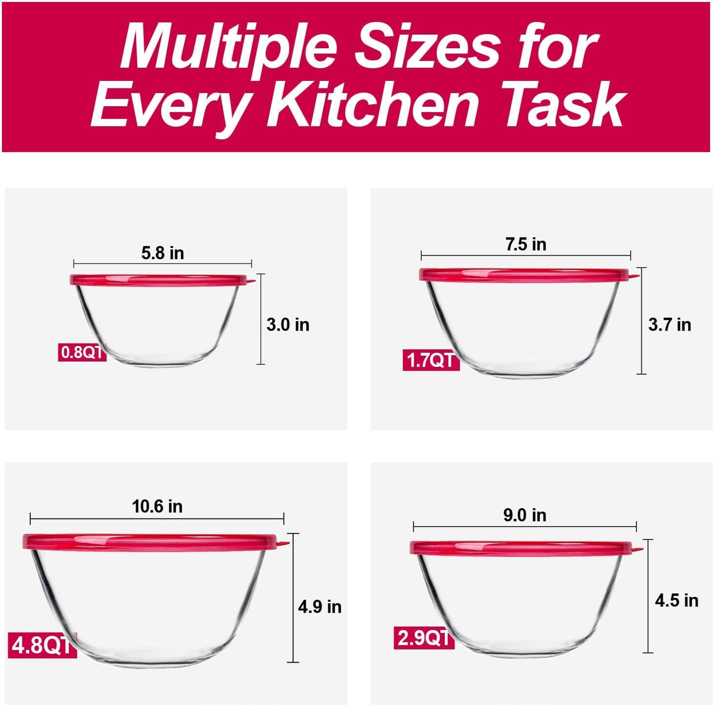 KOMUEE 4 Pack Glass Mixing Bowls Set with Lids (4.8QT, 2.9QT, 1.7QT, 0.8QT), Glass Nesting Bowls for Kitchen Baking, Cooking and Serving, Oven, Dishwasher, Freezer, and Microwave Safe