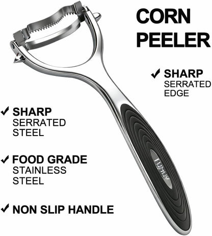 Corn Peeler Tool Set, Stainless Steel Corn Kernel Remover with Serrated Blade, Ergonomic Non-Slip Handle, Includes Corn Holders for Easy Corn Cutting