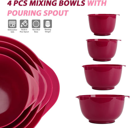 BoxedHome Green Ombre Nesting Plastic Mixing Bowl Set With Pour Spout, Microwave and Dishwasher Safe, BPA free Non-Slip Base, Set of 4 Size 1.7, 2.5, 3.5 and 4.5qt, Great for Prepping, Baking, Cooking