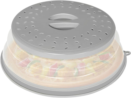 CasaCulina 2 Pack Collapsible Microwave Splatter Cover, Vented Microwave Lid with Hook Hole, Splatter Guard for Plate Dish Bowl, Vegetable Fruit Colander Multi-function Kitchen Gadget(Grey & Red)
