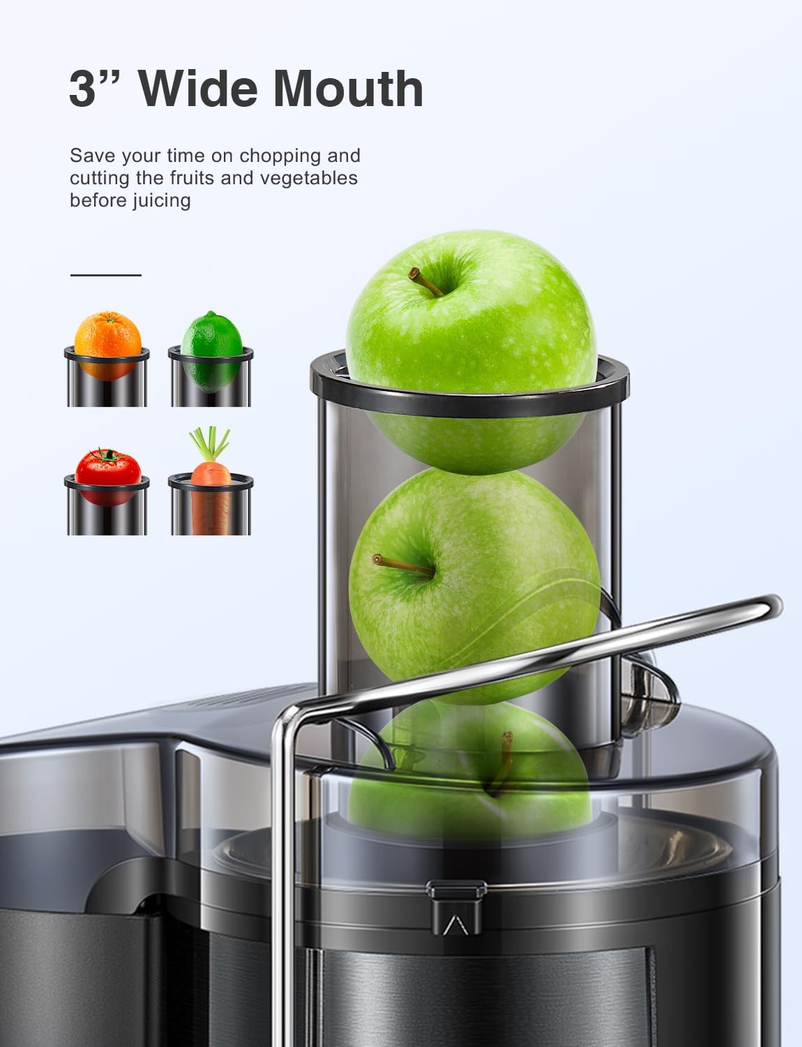 Qcen Juicer Machine, 500W Centrifugal Juicer Extractor with Wide Mouth 3” Feed Chute for Fruit Vegetable, Easy to Clean, Stainless Steel, BPA-free (Black)