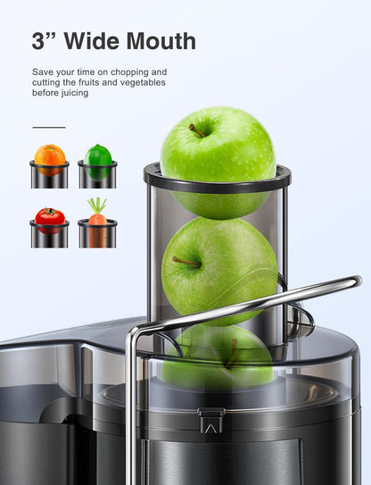 Qcen Juicer Machine, 500W Centrifugal Juicer Extractor with Wide Mouth 3” Feed Chute for Fruit Vegetable, Easy to Clean, Stainless Steel, BPA-free (Black)