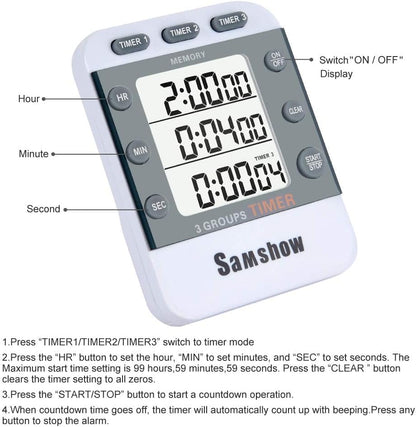 Digital Kitchen Timer Dual Timers 3 Channels Count UP/Down Cooking Timer Large Display, Adjustable Volume Alarm with Magnetic Back, Stand, Battery Included