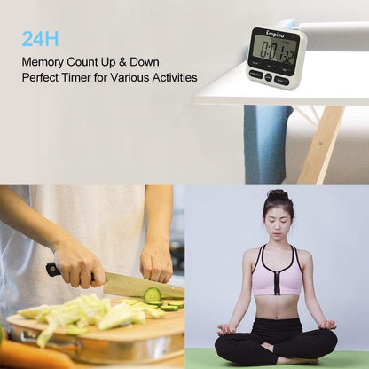 Digital Kitchen Timer, Cooking Timer, 12-Hour Display Clock, Large Display, Strong Magnet Back, Loud Alarm, Memory Function, Count-Up & Count Down for Cooking Baking Sports Game Office Exercise