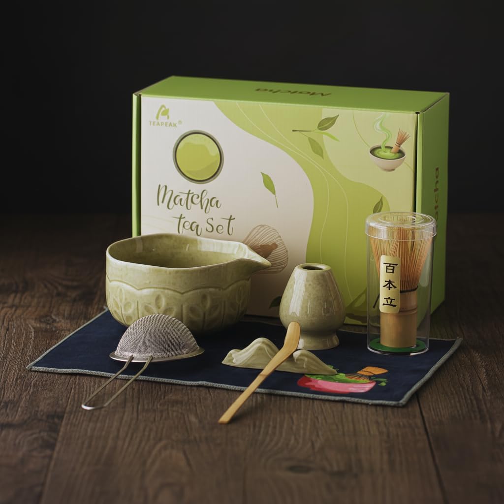 8-Piece Matcha Whisk Set with Bowl, Bamboo Matcha Whisk, Whisk Holder, Scoop & Sifter, Traditional Matcha Kit for Ceremonial Matcha Tea & Lattes, Green