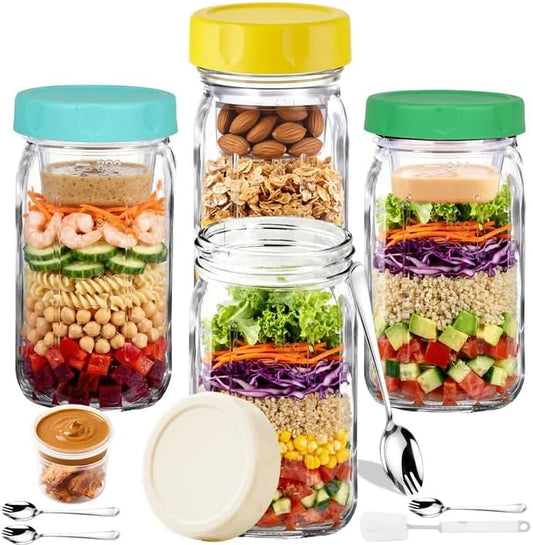 XLMYS 4 Pack Salad Jar, 32oz Salad Jars with Separate Wet/Dry Dressing Cup, Leakproof Salad Container for Lunch, Glass Food Storage for Home, Office and Outdoor
