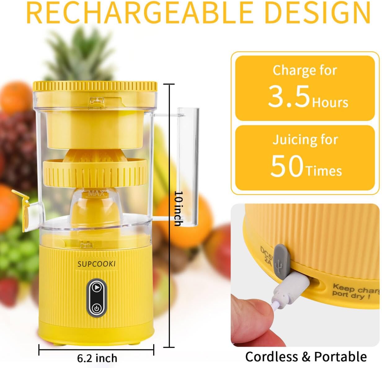 Electric Citrus Juicer, Rechargeable Juicer Machine with USB Cable and Cleaning Brush, Touch Button, Automatic Orange Lime Lemon Grapefruit Squeezer, Easy to Clean Portable Juicer, White
