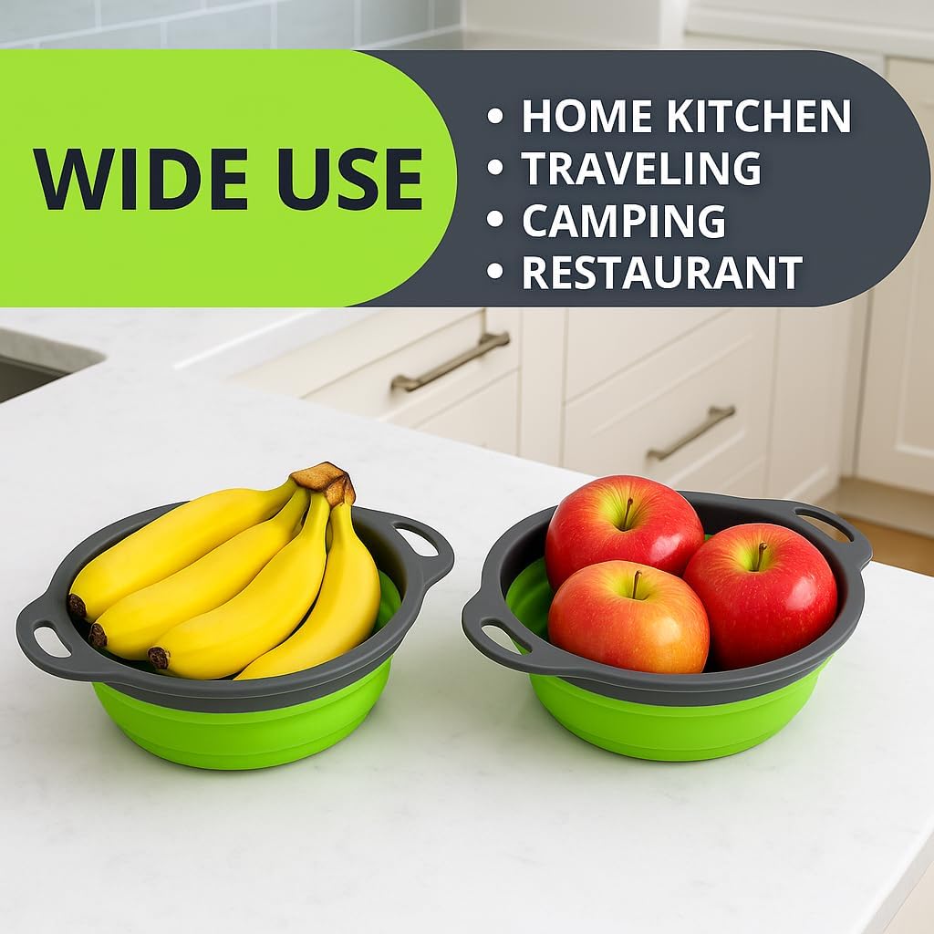 Green Kitchen Strainer Colander Set - 2 PCS Multifunctional Colander Silicone Food Strainers for Kitchen for Pasta and Spaghetti Collapsible with Plastic Handles