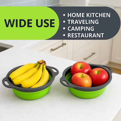 Green Kitchen Strainer Colander Set - 2 PCS Multifunctional Colander Silicone Food Strainers for Kitchen for Pasta and Spaghetti Collapsible with Plastic Handles
