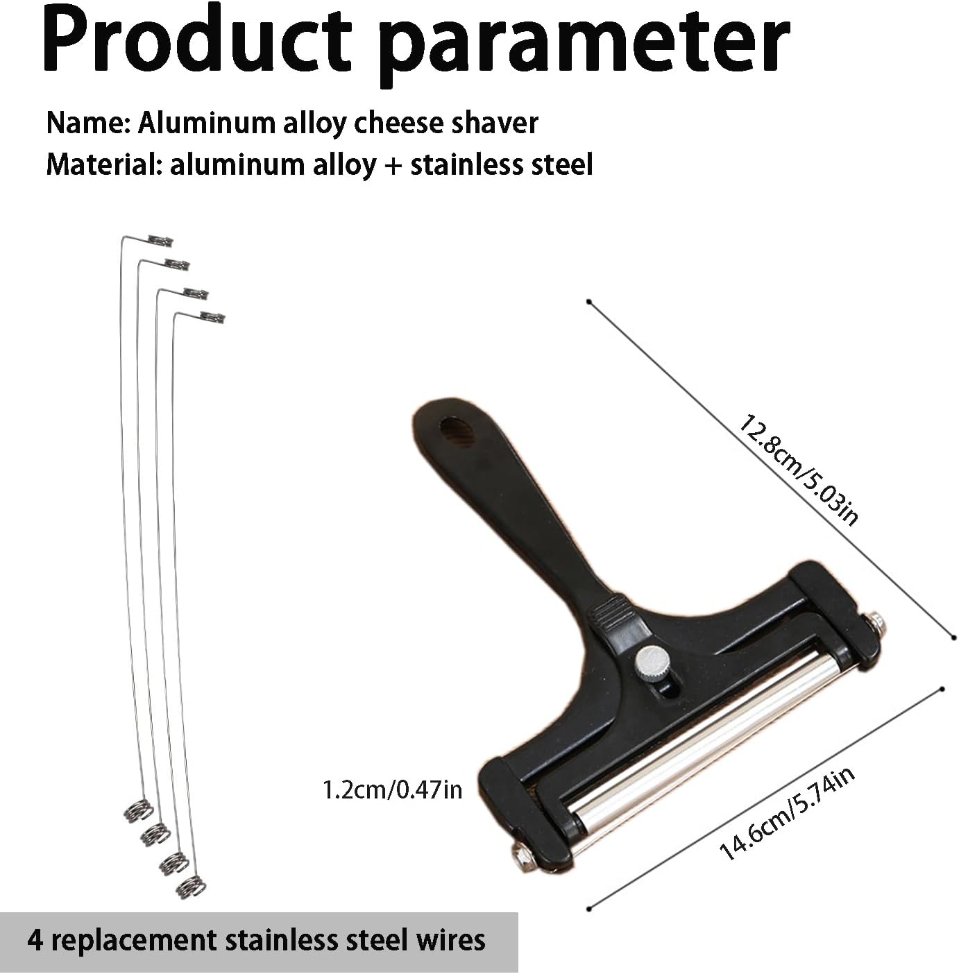 Adjustable Cheese Slicer with 4 Extra Replacement Wires Heavy Duty Aluminum Cheese Cutter Easy to Replace Handheld Steel Slicer for Cheddar, Gruyere, Raclette, Mozzarella Block (Silver)