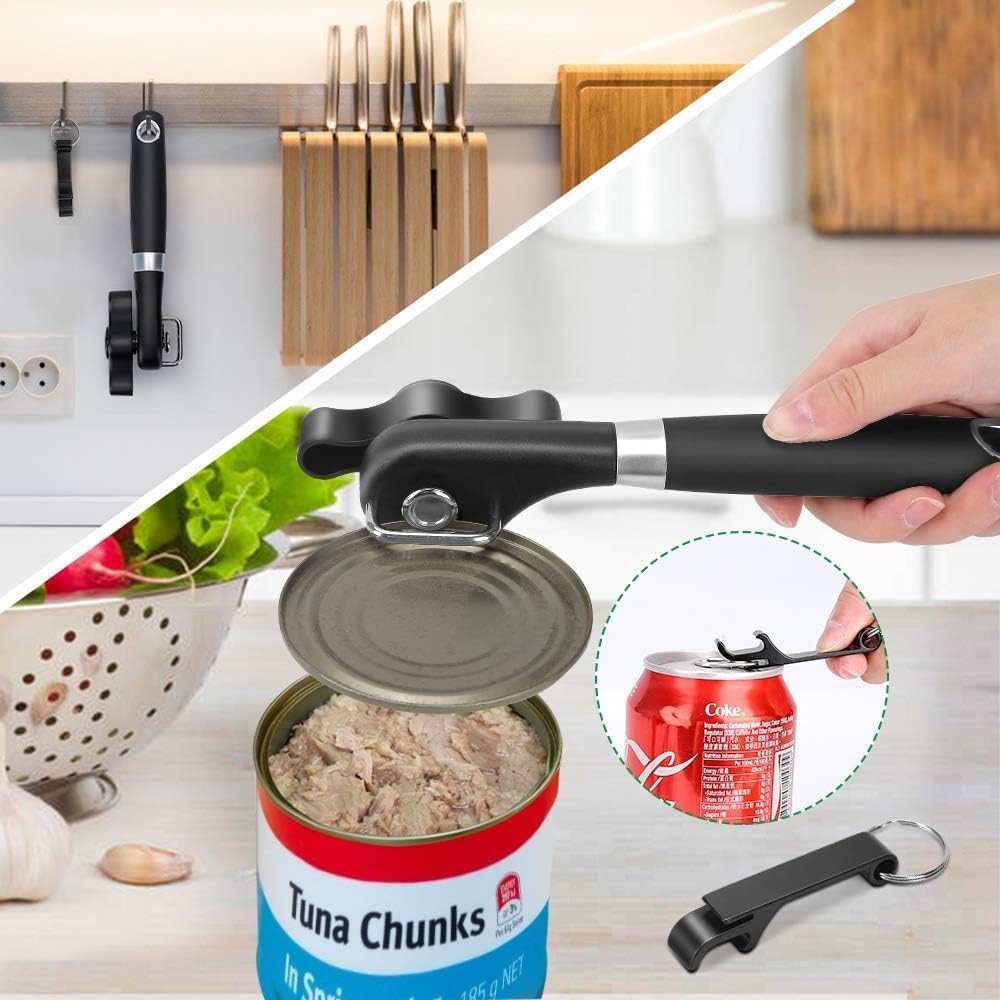 Side Cut Can Opener Smooth Edge, Safety Can Opener with Durable Sharp Blade, Big & Soft Turn Knob & Comfortable Non-Slip Handle, Black