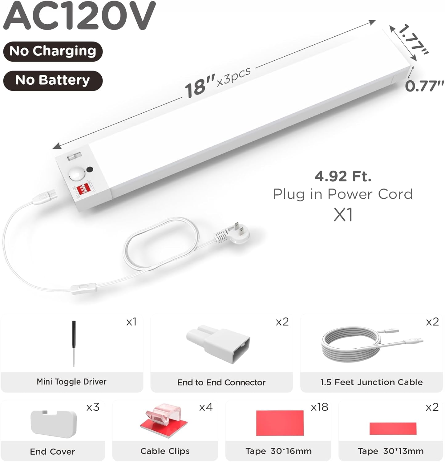 Under Cabinet Lighting Plug in, 10 Inch Motion Sensor LED Light, 3CCT 3000K/4000K/5000K, Dusk-to-Dawn & Timer, Linkable Ultra Bright Under Counter Lights for Kitchen,Hallways, White, 1 Pack