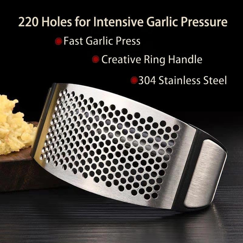 Garlic Press Rocker,New Stainless Steel Garlic Mincer Garlic Crusher Set,3-in-1 Garlic Crusher,Peeler with Cleaning Brush,Easy Squeeze Rocker Design for Smashing Garlic Kitchen Gadget