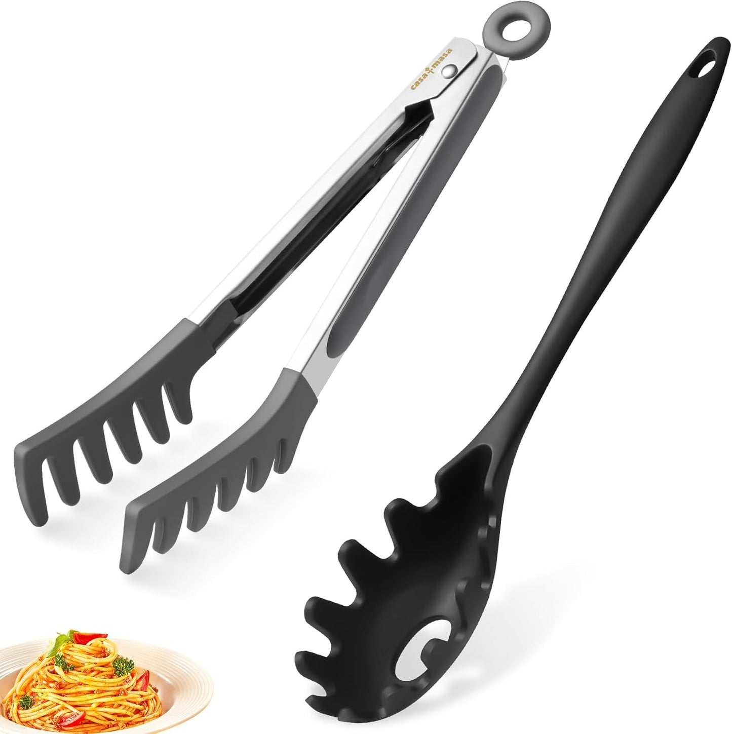 3-in-1 Pasta Server Set with Non-Slip Ergonomic Handles - Heat Resistant Silicone Spaghetti Spoon, Pasta Tong & Strainer - Perfect for Cooking, Serving, and Draining, Dishwasher Safe