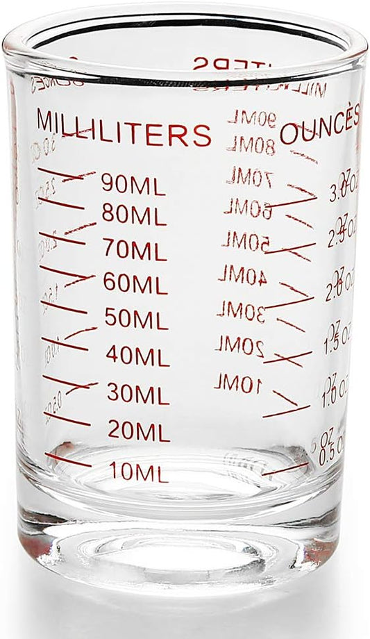 2 PACK Measuring Cup Shot Glass 3 Ounce/90ML Liquid Heavy Glass Red Scale