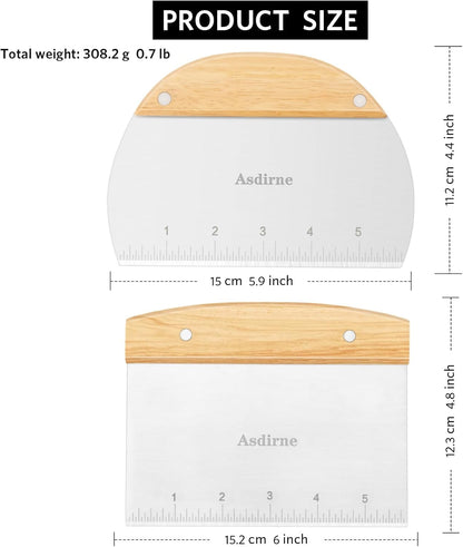 Asdirne Dough Cutter, Dough Scraper with Wooden Handle and Food Grade Stainless Steel Blade, Pastry Scraper, 15CM, 2Pcs