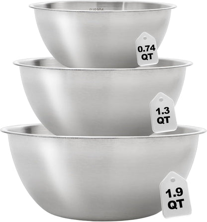 TOPZEA Stainless Steel Mixing Bowls Set of 3, Nesting Metal Kitchen Bowls with Measurement Mark, Small Meal Prep & Food Storage Bowl for Baking, Cooking, Dishwasher & Freezer Safe (0.74, 1.3, 1.9 Qt)