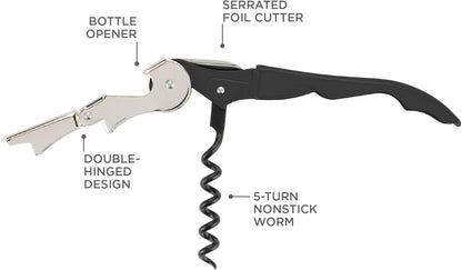 True Truetap Double Hinged Waiter's Corkscrew Wine Opener, Stainless Steel Wine Bottle Opener with Built In Foil Cutter, Home Bar Tools, Bar Cart Accessories, Wedding Gifts, Set of 1, Black