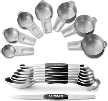 Stainless Steel Measuring Cups & Spoons Set, EWFEN Kitchen Tools Nesting Measuring Cups and Spoons, Fits in Spice Jars for Baking & Cooking, BPA Free, Set of 15 with Leveler, Multicolor