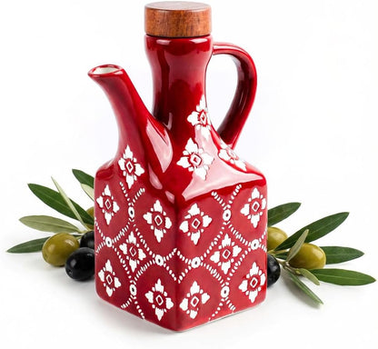 Ceramic Olive Oil Dispenser Bottle, 8.5 oz Decanter for Kitchen with Handle & Wooden Stopper, Green Decorative Oil and Vinegar Dispenser Set, Cooking Oil Container Cruet for Olive, Avocado, Vinegar