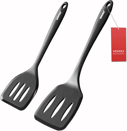 Large Size Silicone Spatula Set, 600°F Heat Resistant Silicone Spatula Turner Flipper for Cooking, Non Stick and Non Scratch Kitchen Utensils for Eggs & Pancakes, 2-Pack, Black
