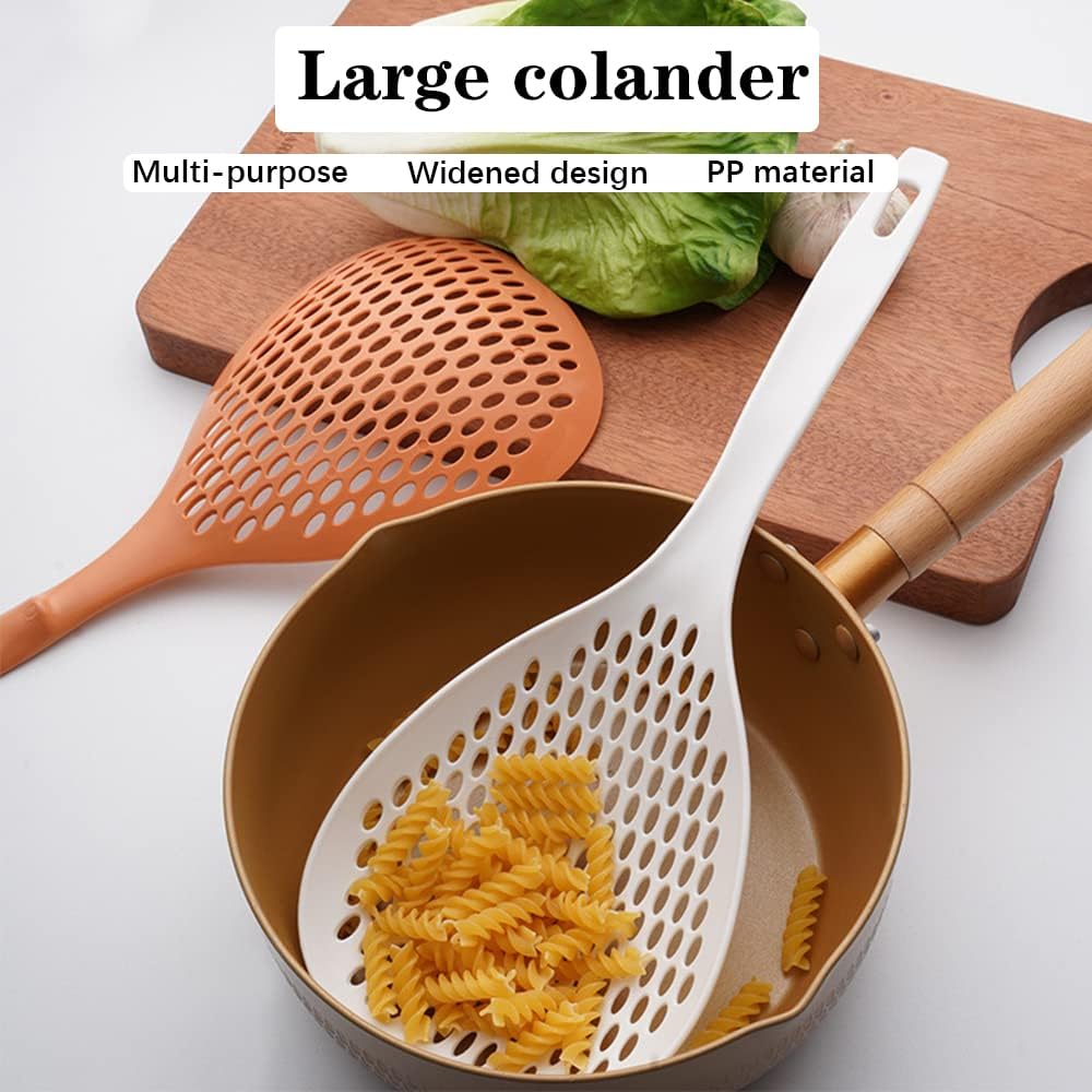 2 Pieces Strainer Scoop Colander Slotted Pasta Spoon Plastic Skimmer Spoon with Handle Food Drain Shovel for Kitchen Cooking, White and Orange 13.8x5.4