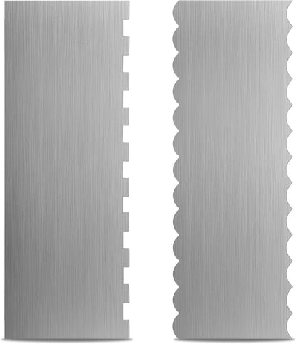 2 Pcs Stainless Steel Cake Scraper, 8.6-inch Double Sided Patterned Edge Stripe Edge Smoother Scraper, Cake Decorating Comb Metal Cake Scraper for Butter Mousse Cream Decoration