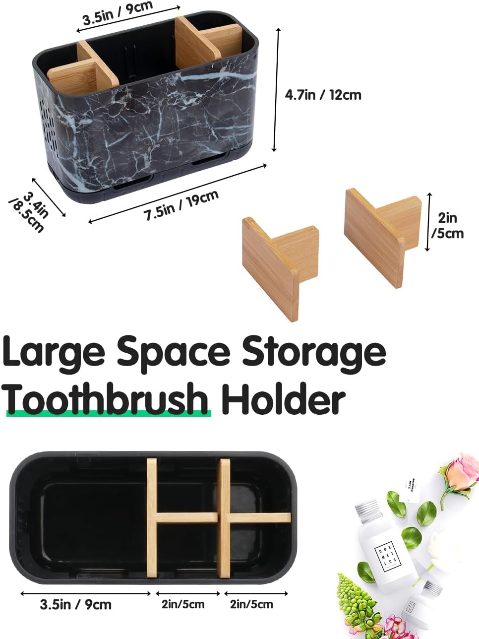GFWARE Toothbrush Holders for Bathrooms, 5 Slots Bamboo Toothbrush Holder Kids Electric Toothbrush Holder and Toothpaste Holder for Bathroom Countertop Accessories Storage, Marble Toothbrush Organizer