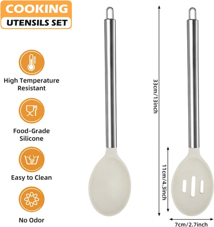 MANJIA Silicone Spatulas Set, Nonstick Silicone Spoon & Turner Spatula Set, Serving Spoon kitchen Spatula for Cooking Fish, Eggs,Flipper, Cooking Utensils Set 2pcs (white-spoons)