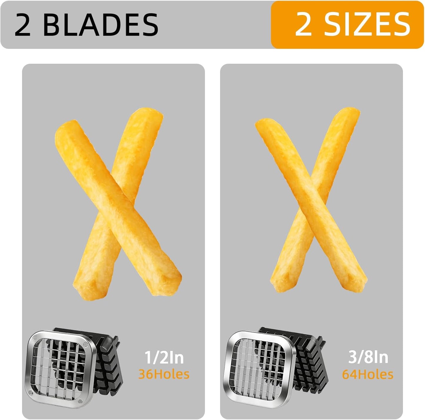 French Fry Cutter, ZSCOOKLY Heavy Duty Potato Cutter Stainless Steel with 1/2-Inch and 3/8-Inch Blade Great for Potatoes Carrots Cucumbers.