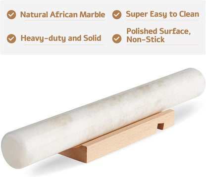 Koville African Natural Marble Rolling Pin, Non-Stick Polished Dough Roller, Pasta, Dumpling, Fondant, Pie Crust, Bread, Pizza Dough, Kitchen Baking Pastry Tools with Mat/Scraper（Namib Fantasy）