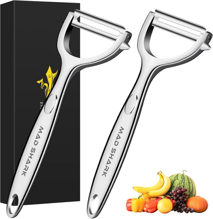 MAD SHARK Ultra Sharp Vegetable Peelers for Kitchen Fruit Apple Potato Peelers,Design with Ergonomic Non-Slip Handle, Y+I Shaped Stainless Steel Serrated(2pc）