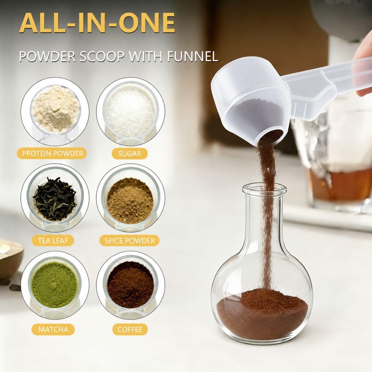 Credon Coffee Scoop with Funnel for Ground Coffee & Protein Powder – Coffee Bean Measuring Spoon, 2 Tablespoon Slide Scoop for Reusable K-Cup, Precision Spill-Proof (Black)