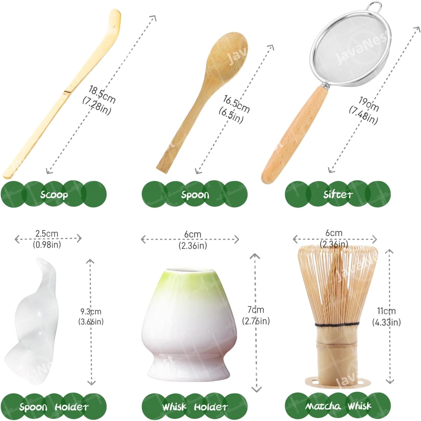 Matcha Whisk Set, 6-Piece Matcha Making Kit, Macha Tea Set, (Chasen Holder), Ceramic Whisk Holder, Matcha Starter Sifter, Bamboo Scoop, Spoon Japanese Tea Tools For Ceremony Gift (Green)