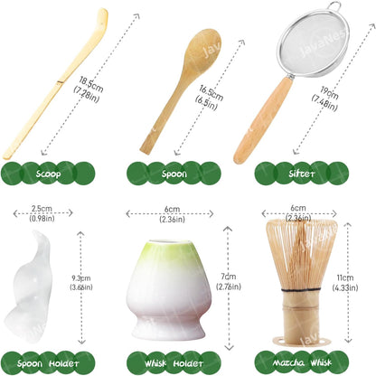 Matcha Whisk Set, 6-Piece Matcha Making Kit, Macha Tea Set, (Chasen Holder), Ceramic Whisk Holder, Matcha Starter Sifter, Bamboo Scoop, Spoon Japanese Tea Tools For Ceremony Gift (Green)