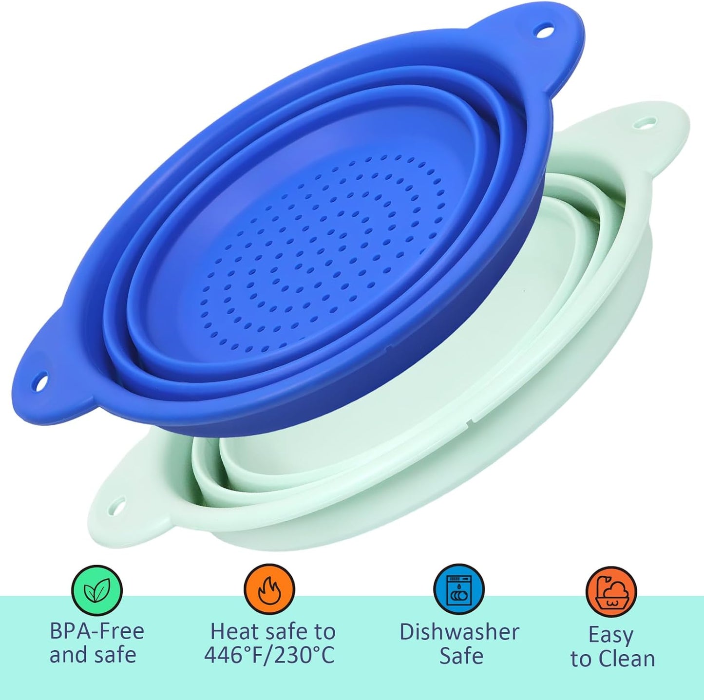 Collapsible Silicone Colander Basin Set, Thickened Strainer bowl, for Kitchen, RV, Camping, Draining Pasta, Washing Fruit, Vegetable
