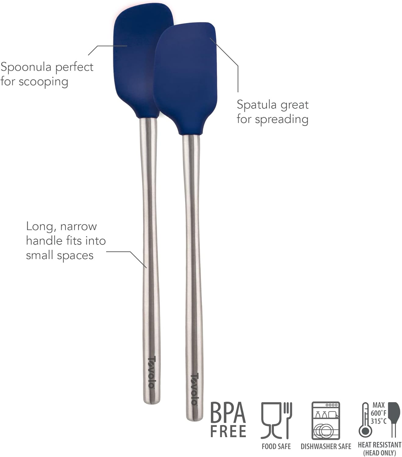 Tovolo Flex Core Silicone Spatula Spoonula Set of 2 for Non Stick Cast Iron Cooking & Baking, Dishwasher Safe Heat Resistant BPA Free Long Stainless Steel Handle Kitchen Utensil, Charcoal Gray