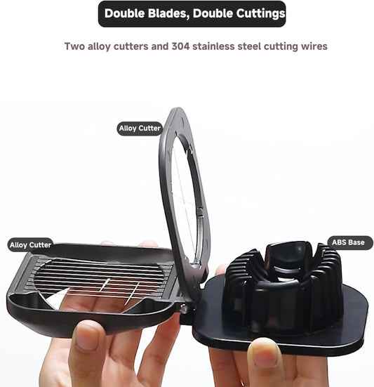 Double Cutter Egg Slicer for Hard Boiled Eggs, Heavy Duty Metal Stainless Steel Aluminum Alloy Egg Cutter for Egg Strawberry Mushroom Hot Dog Soft Fruit Kitchen Tool (Black)