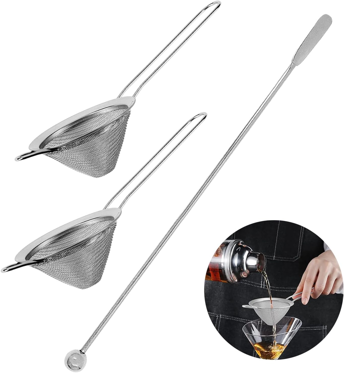Cocktail Strainer Set, 2 Pack Stainless Steel Fine Mesh Bar Strainers with Muddler, 3.35 in Size, for Cocktails Tea Coffee Juice, Home Bar and Shaker Use