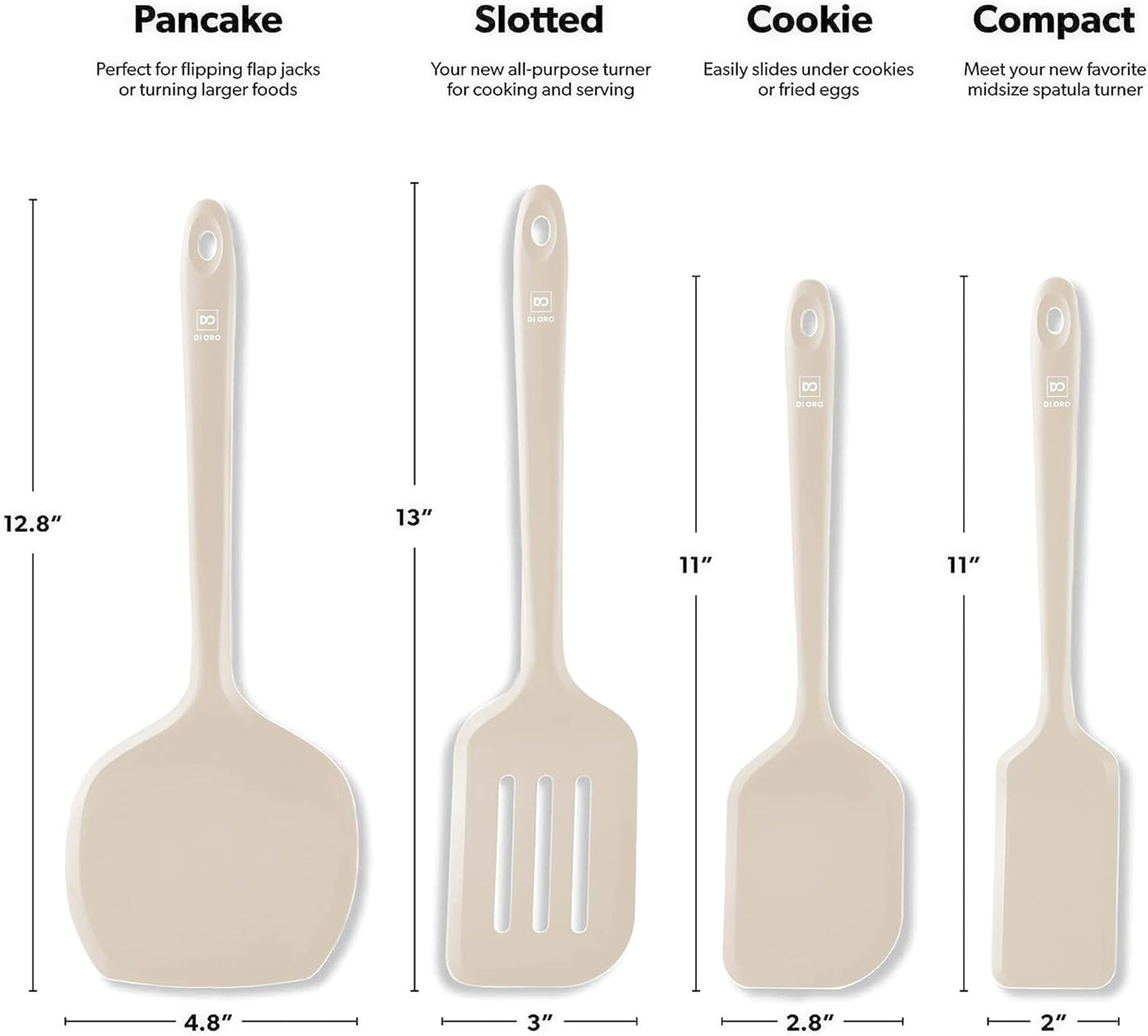 New DI ORO Seamless Series Moda 4-Piece Silicone Turner Spatula Set - 600°F Heat-Resistant Flexible Kitchen Spatulas for Nonstick Cookware - Flippers for Eggs & Pancakes - Utensils for Cooking (Stone)