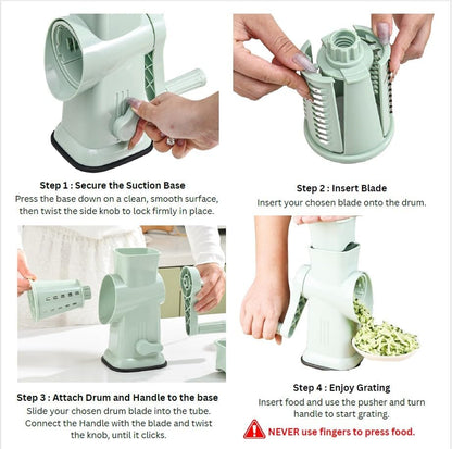 6 in 1 Rotary Cheese Grater Hand Crank with 6 Stainless Steel Blades, Cheese Shredder with Reinforced Suction Base, Grater For Cheese, Vegetables, Nuts and Ice, Easy to Clean