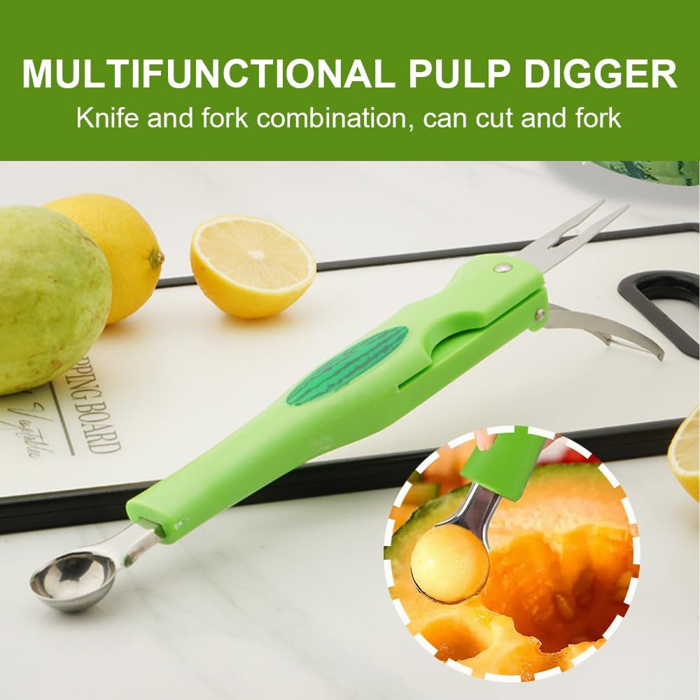 Watermelon Cutter Slicer, 3-in-1 Watermelon Slicer Cutter Tool Melon Baller Scoop Fruit Fork, Fruit Slicer Ice Scoop Watermelon Knife Fruit Cutter Scooper Fruit Cutting Kitchen Gadget (A# Green)