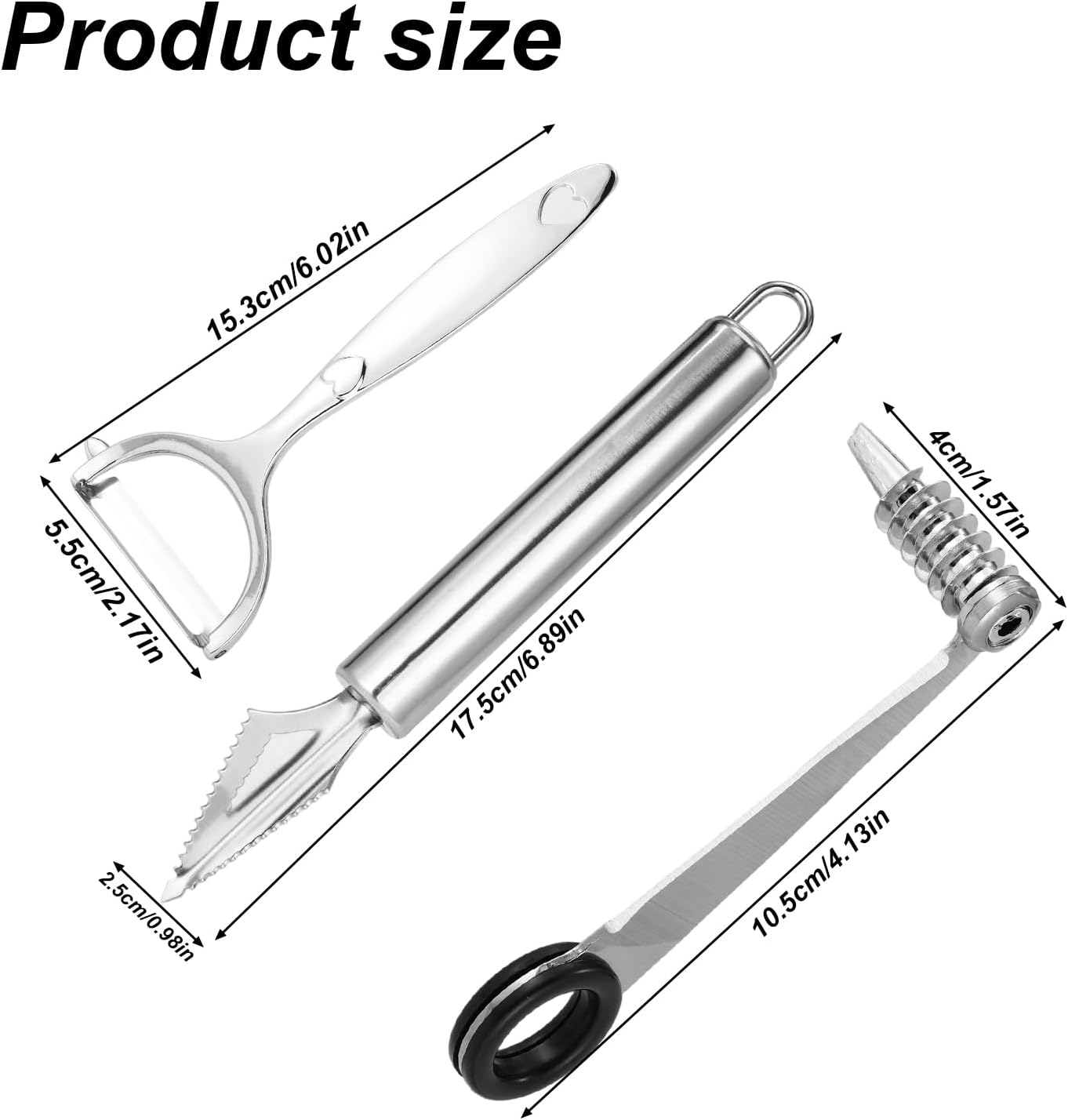 Lyreh 2pcs Vegetable Spiral Cutters & 1pcs V-Shaped Veggies Peeler Spiralizer Tool, Stainless Steel Manual Spiral Practical Kitchen Knife Set Accessories for Cucumber Potato Carrot Fruits (Silver)