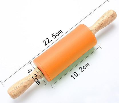 Silicone Rolling Pin, Green 9 Inch Pin with Wooden Rotatable Handle for Dough of Baking Bread, Cookie, Pizza (green, 9 inch)