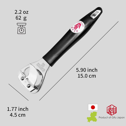 Japanese Can Opener, Heavy Duty Stainless Steel Bottle Opener, 5.9" Black Plastic Handle for Right-handed, Seki Japan