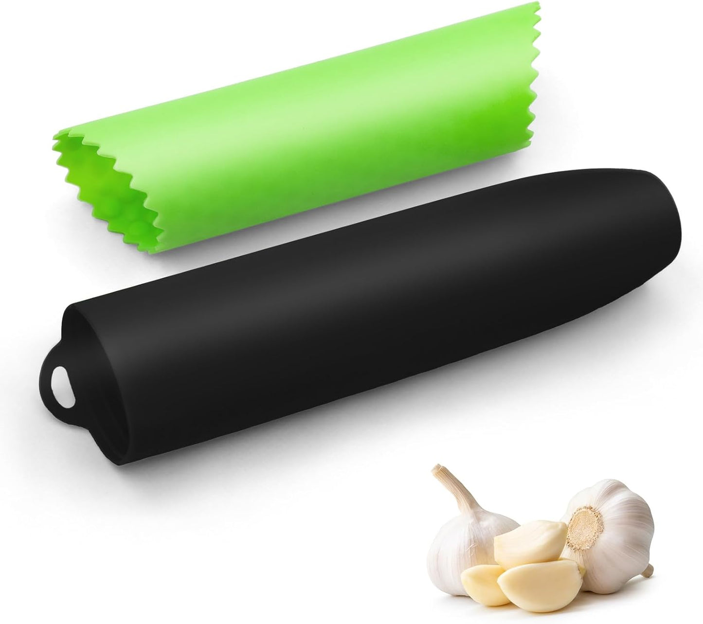 Silicone Garlic Peeler Tube Roller, Effortless Single & Bulk Clove Peeling, Odor-free Kitchen Tool, Stores 10-12 Cloves (Black,Green)