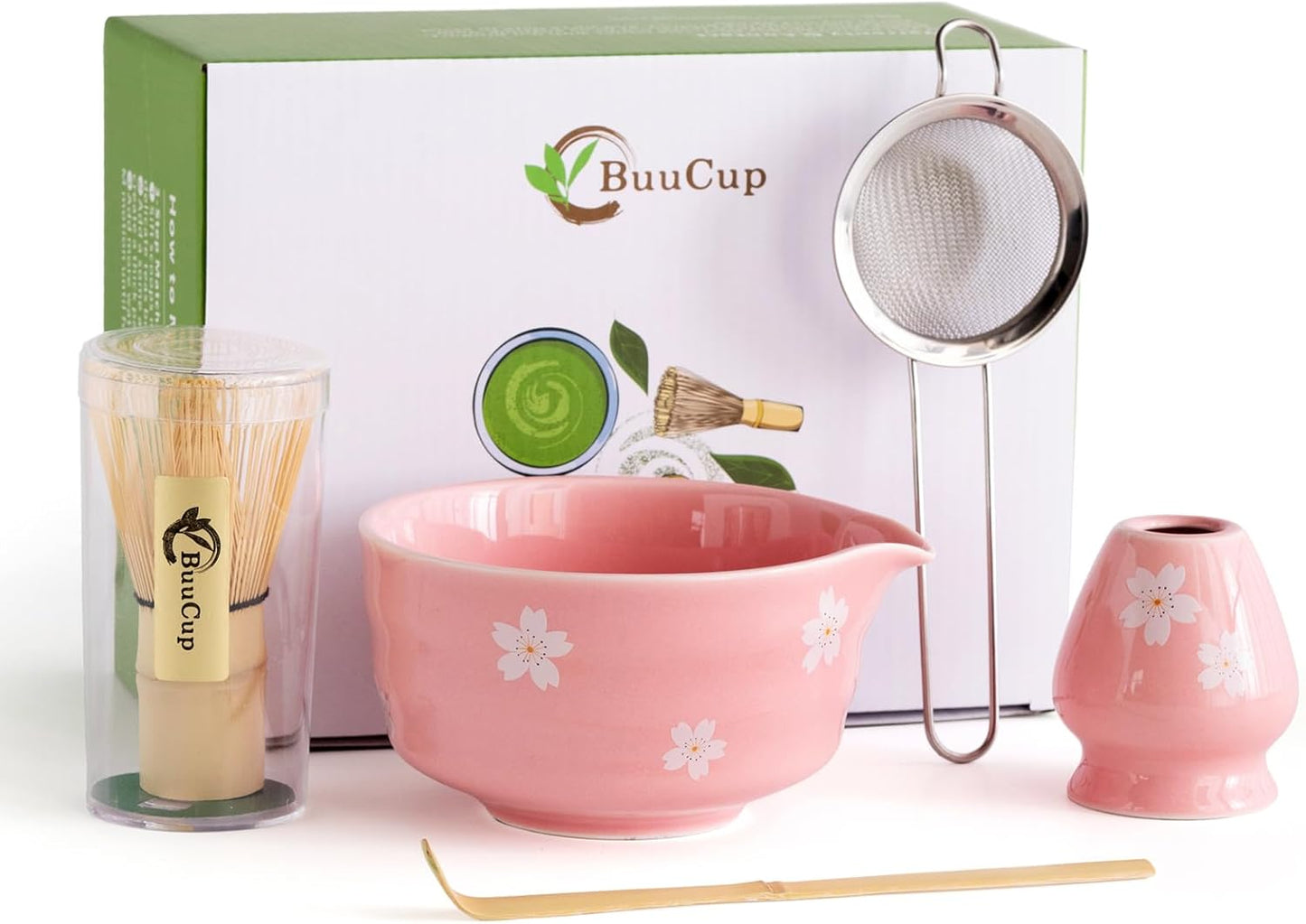 Buucup Matcha Set, Matcha Bowl with Spout, Matcha Whisk and Holder, Bamboo matcha Scoop and Stainless Sifter - 5 Pcs Jade Green Matcha Set Kit for Matcha Lover