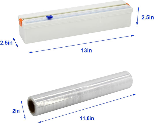 Household Reusable Refillable Plastic Wrap Dispenser with Slide Cutter, Food Wrap Stretch Clear Cling Wrap 12 Inch×328 Ft (1Cutting Box + 1 Cling Film)