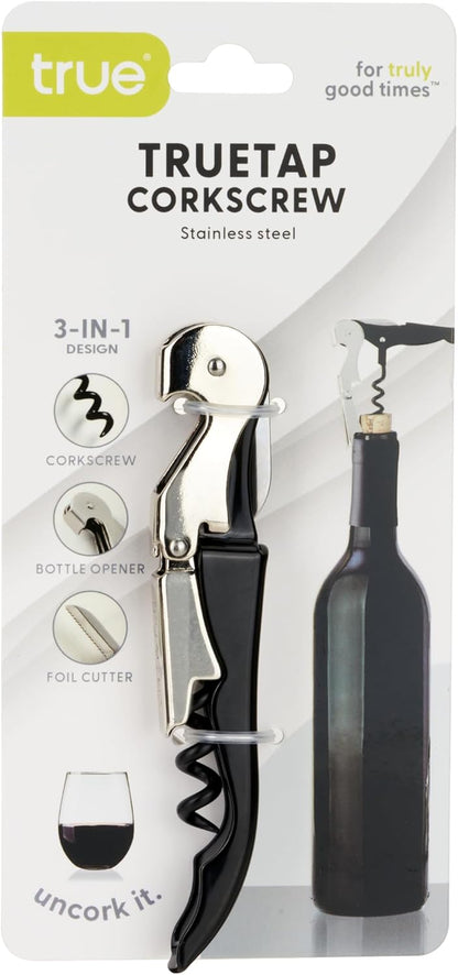 True Truetap Double Hinged Waiter's Corkscrew Wine Opener, Stainless Steel Wine Bottle Opener with Built In Foil Cutter, Home Bar Tools, Bar Cart Accessories, Wedding Gifts, Set of 1, Black