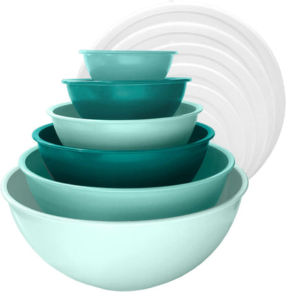 edge Plastic Mixing Bowls 12 Piece Nesting Set 6 Prep Bowls and 6 Lids, for Baking, Cooking and Storing, Tonal Red